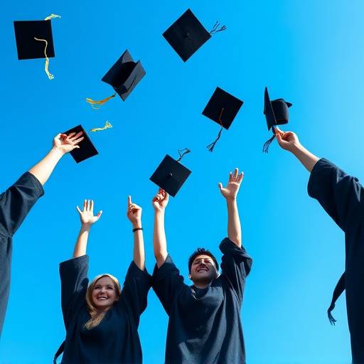 Fotografia de um grupo de formandos jogando seus chapéus para o alto, celebrando a formatura, com o céu azul ao fundo.