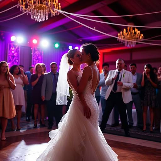 Fotografia do primeiro baile de um casal recém-casado, com luzes coloridas e convidados vibrando ao redor.