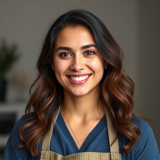 Retrato de Isabela Santos, assistente de fotografia do Estüdio Fotográfico Luz do Sol, com um sorriso amigável e acolhedor.