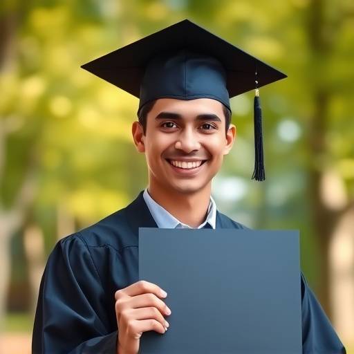 Retrato de um formando sorrindo e segurando seu diploma, com um fundo desfocado de √°rvores e luz natural.