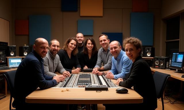 Equipe da ÁudioFoco Studios reunida no estúdio ao redor de uma mesa de gravação